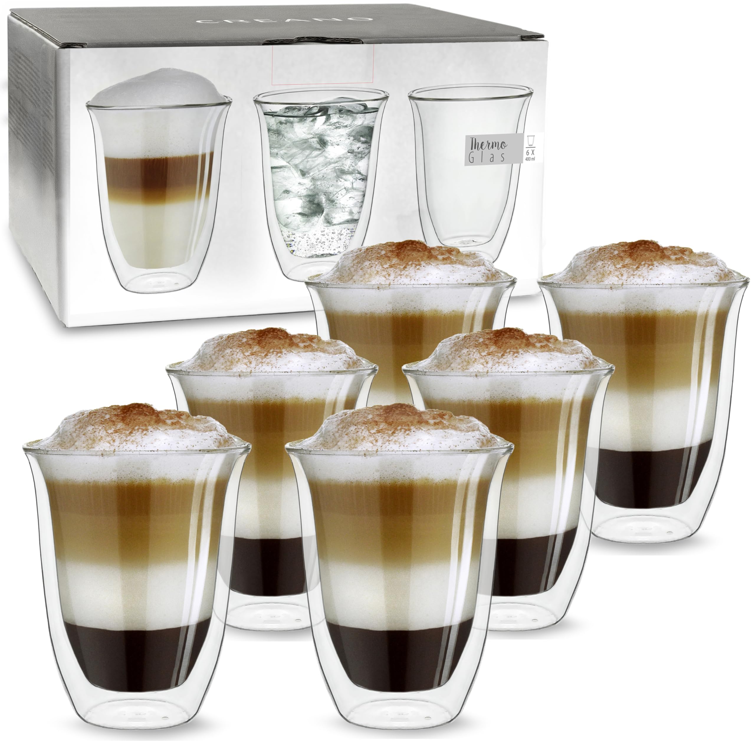 Creano doppelwandige Gläser 400ml „DG-V“, 6er Set, großes Thermoglas doppelwandig aus Borosilikatglas, Kaffeegläser, Teegläser, Latte Gläser, Doppelwandgläser
