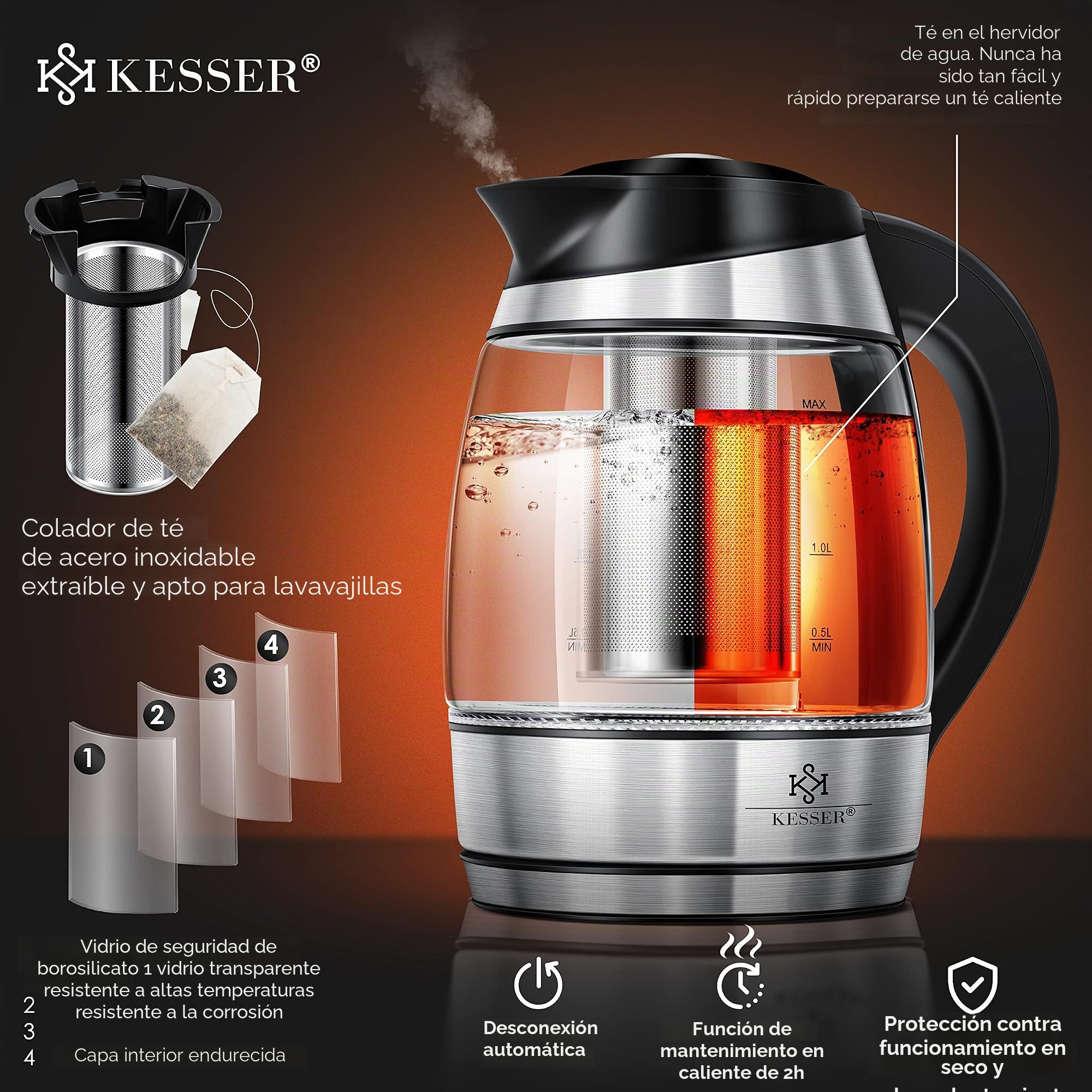 KESSER® 1,8L Hervidor de agua de acero inoxidable con filtro para té y filtro antical | Hervidor con iluminación LED - Color según la elección de temperatura 60, 70, 80, 90, 100 °C