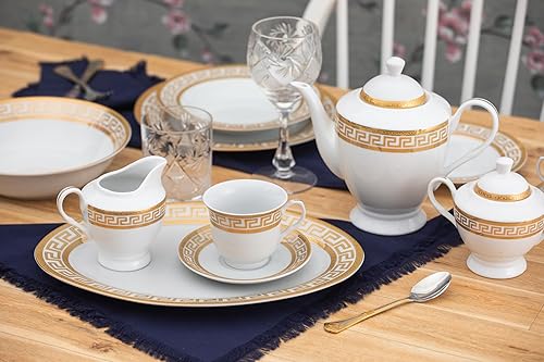 Miniatura 5 de Juego de vajilla en porcelana fina dorada y blanca para todos los días u ocasiones formales, juego de vajilla de 57 piezas para 8