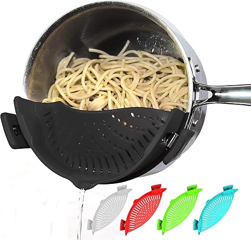 Colador de pasta de silicona con clip, ajuste universal para todas las ollas y tazones, escurridor a presión para pasta, carne, verduras, frutas,