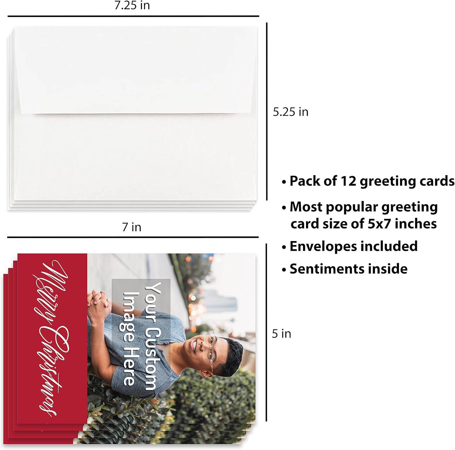 Personalized Christmas Card Custom Your Photo Image Upload Your Text Greeting Card, Christmas Holiday (Pack of 12)