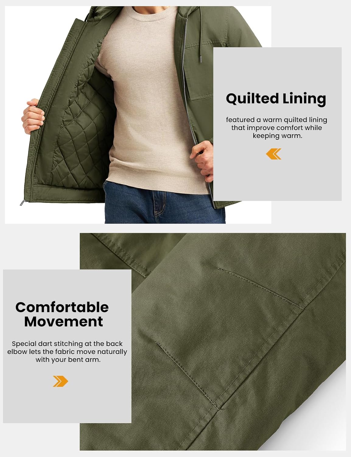 Rdruko Men's Winter Work Jackets Hooded Quilted Cotton Wram Coat Utility 4 Pockets Workwear - Image 3