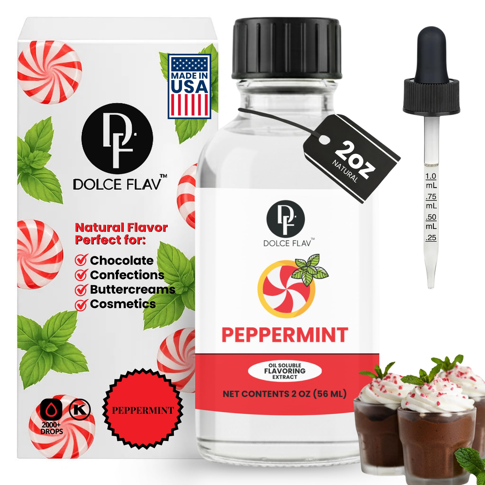 Dolce Flav Natural Peppermint Extract – 2 Ounce Oil-Soluble Kosher, Sugar-Free, Concentrated Pure Mint Flavor for Hard Candy, Chocolates & Baking, Includes Measured Dropper