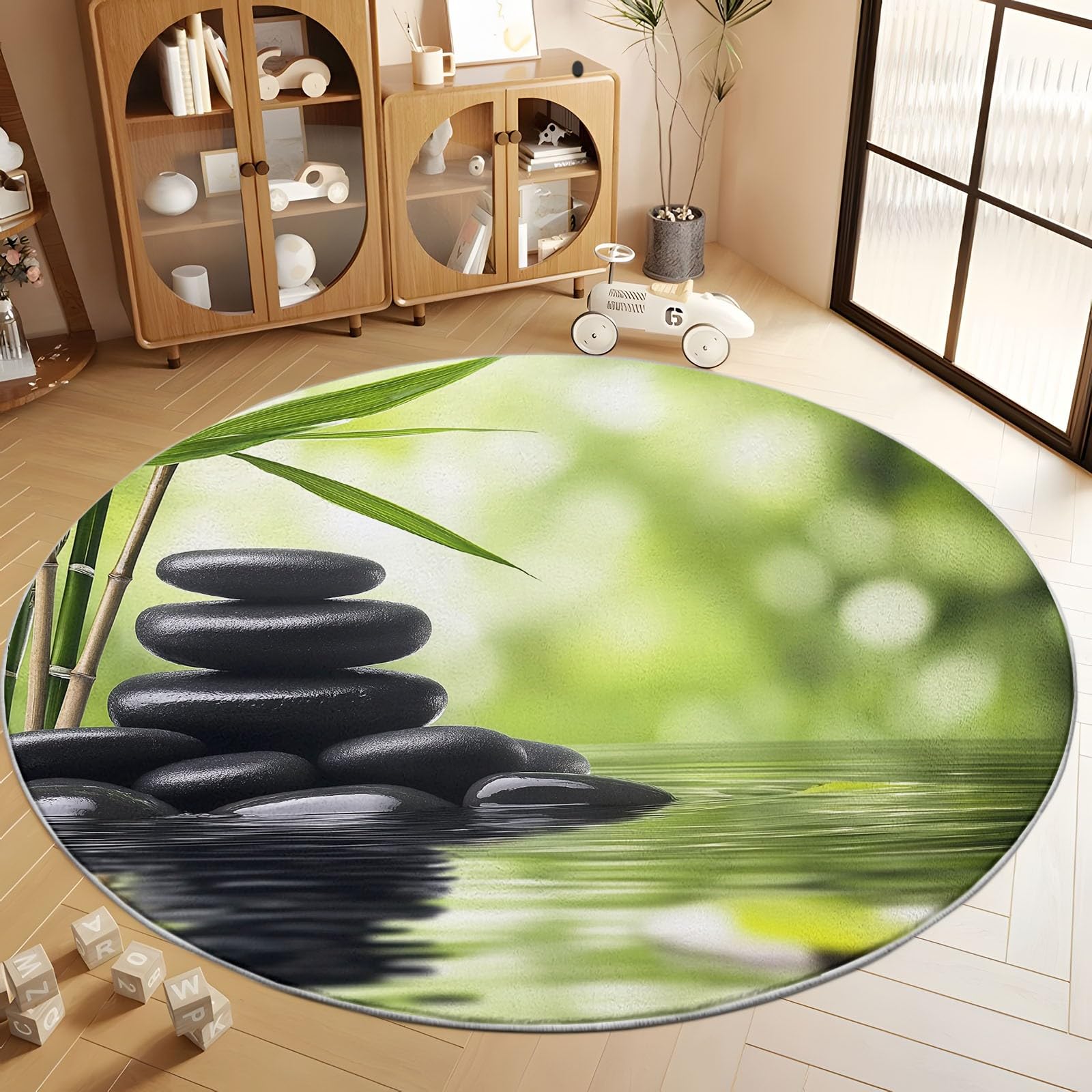 Tapis Rond de Sol 180 cm Plantes en Pierre Noire de méditation, Tapis Lavable imprimé atmosphère de méditation à Poils Courts - Moquette Coureur antidérapant Doux pour Salon Chambre Salle à Manger
