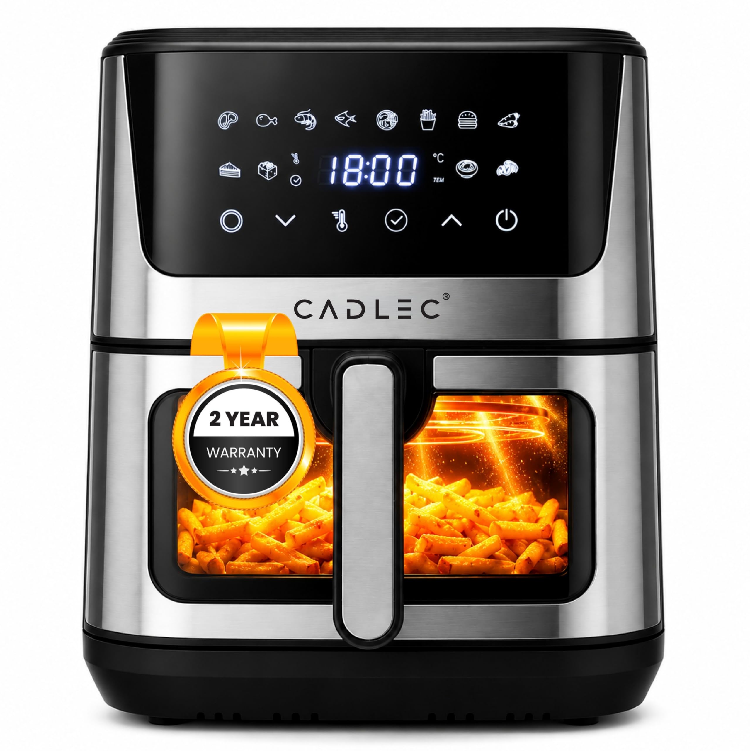Cadlec AirPulse 2100W Digital Air Fryer | 360° Rapid Air Circulation, 12 Preset Menus, Touch Control Panel, 8L Non-Stick Basket, Low Oil Cooking, 2-Year Warranty, Silver