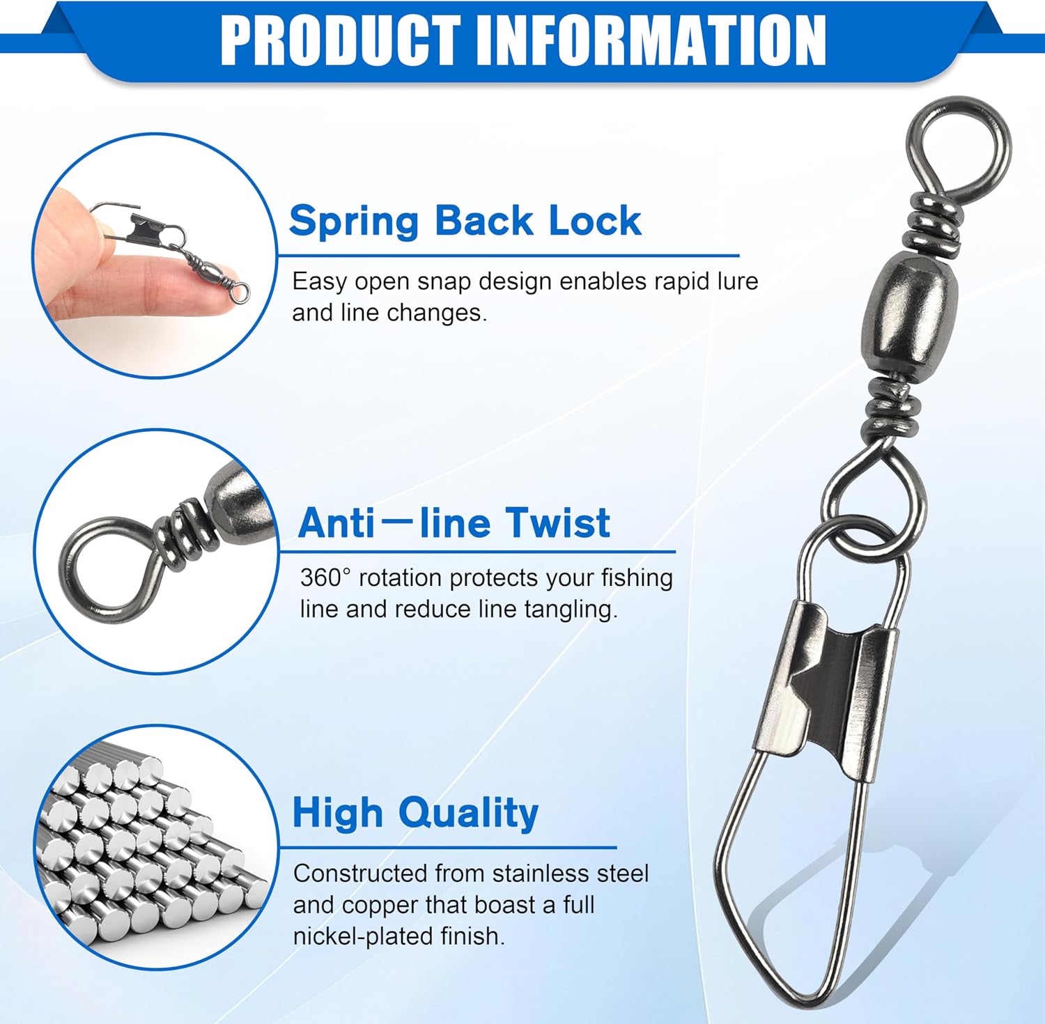 SILANON Fishing Barrel Swivel with Safety Snap,145/160pcs High Strength Fishing Snap Swivels Stainless Steel Line Connector Saltwater Fishing Tackle Accessories