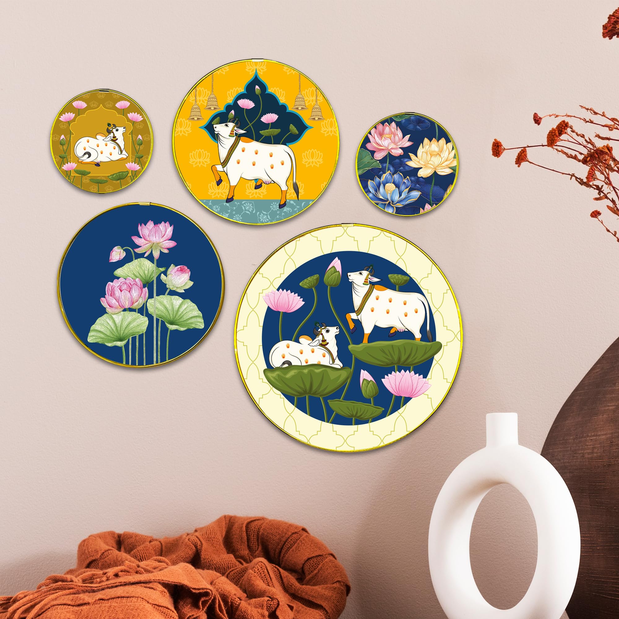IT2M Wooden Framed Pichwai Cow Decorative Wall Plates for Wall and Home Decor Set of 5 (5GR1)