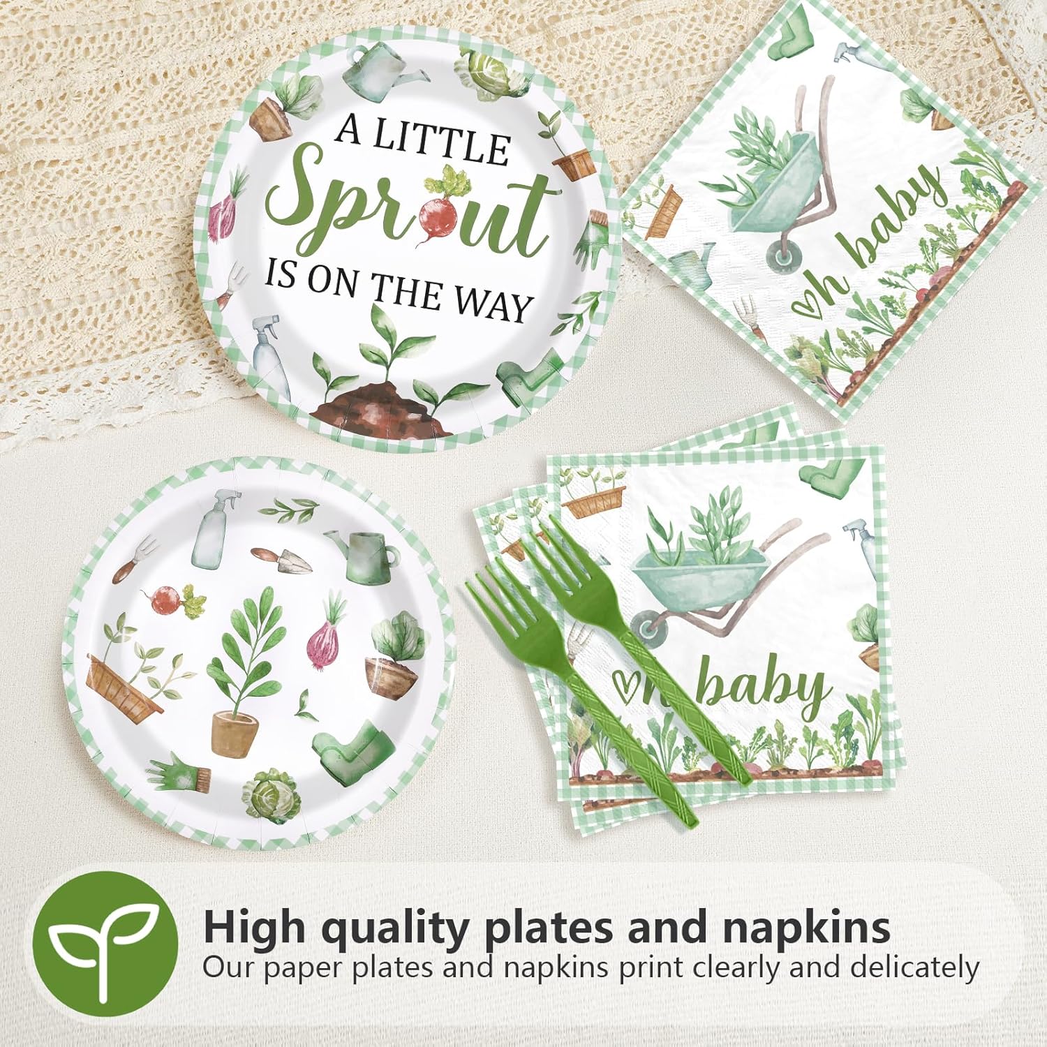 96Pcs Little Sprout Baby Shower Party Supplies Vegetables Spring Garden Plates and Napkins Disposable Greenery Nature Farm Tableware Set for Kids Birthday Gender Reveal Party Decorations Serves 24
