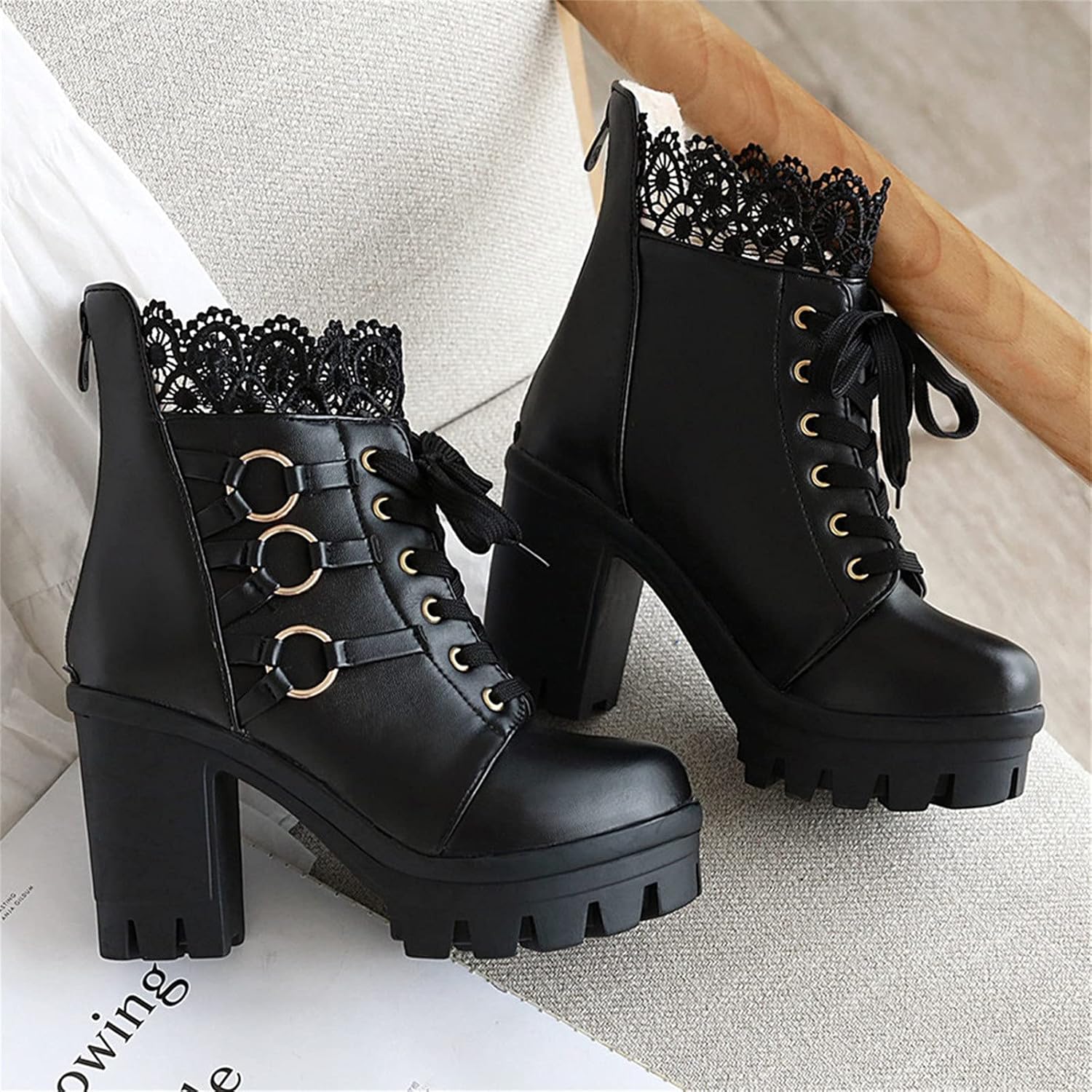 oiangi Chunky Ankle Boots for Women - Fashion Lace Up Round Toe Lace Platform High Heel Short Booties Comfortable Trendy Ladies High-heeled Shoes