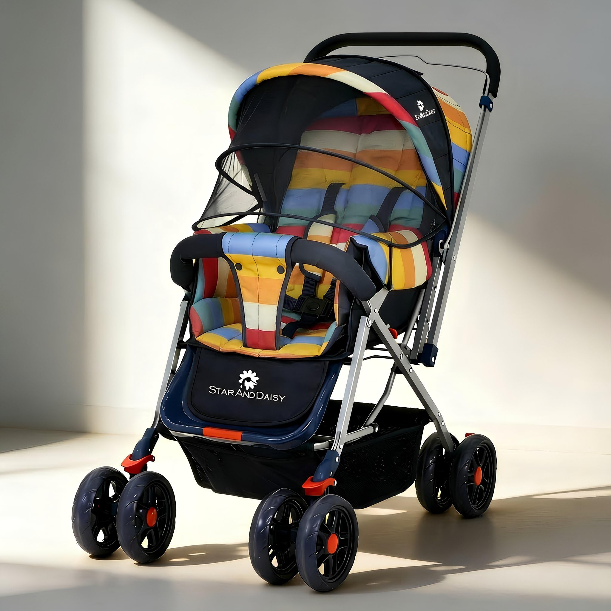 StarAndDaisy Stroller for Baby Boy & Girl 0 to 3 Years / Baby Stroller with Lightweight / Foldable Pram for Kids with 5-Point Safety Harness, Adjustable Backrest, 360° Swivel Wheel, Large Storage, Reversible Handlebar, Extended Mosquito Net -Rainbow