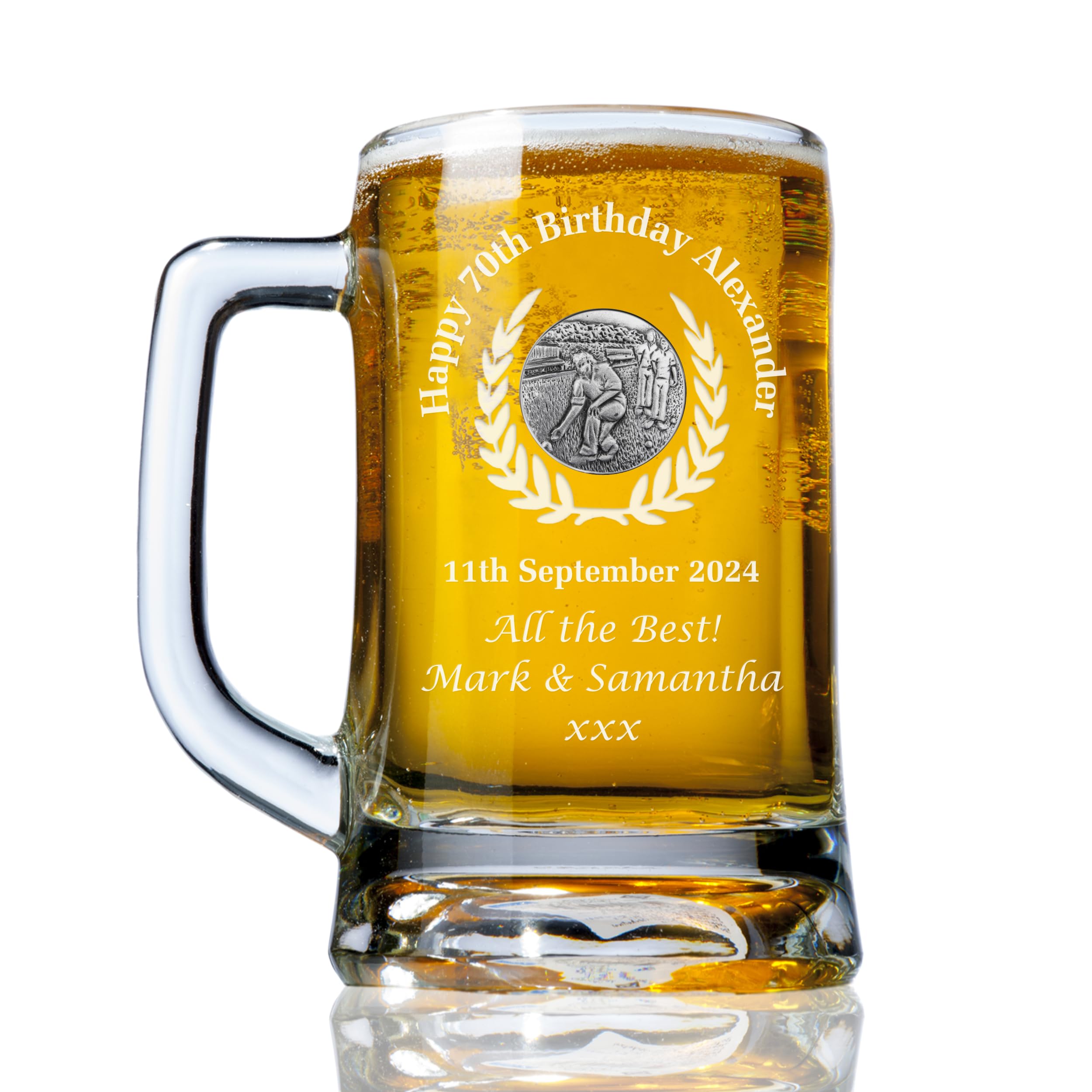 The Great Gifts Company Lawn Bowls Feature Men's Personalised Engraved 70th Birthday Bowling Pint Glass Tankard Gift for a Man