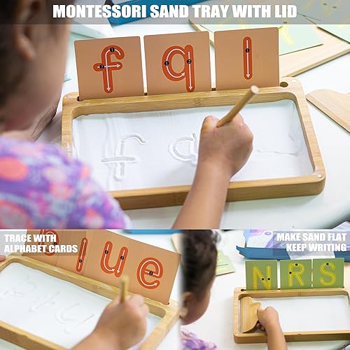 Miniatura 4 de Bandeja de arena para el aula, bandeja de arena Montessori de madera con tapa para niños que escriben letras y números, imprescindible para el aula