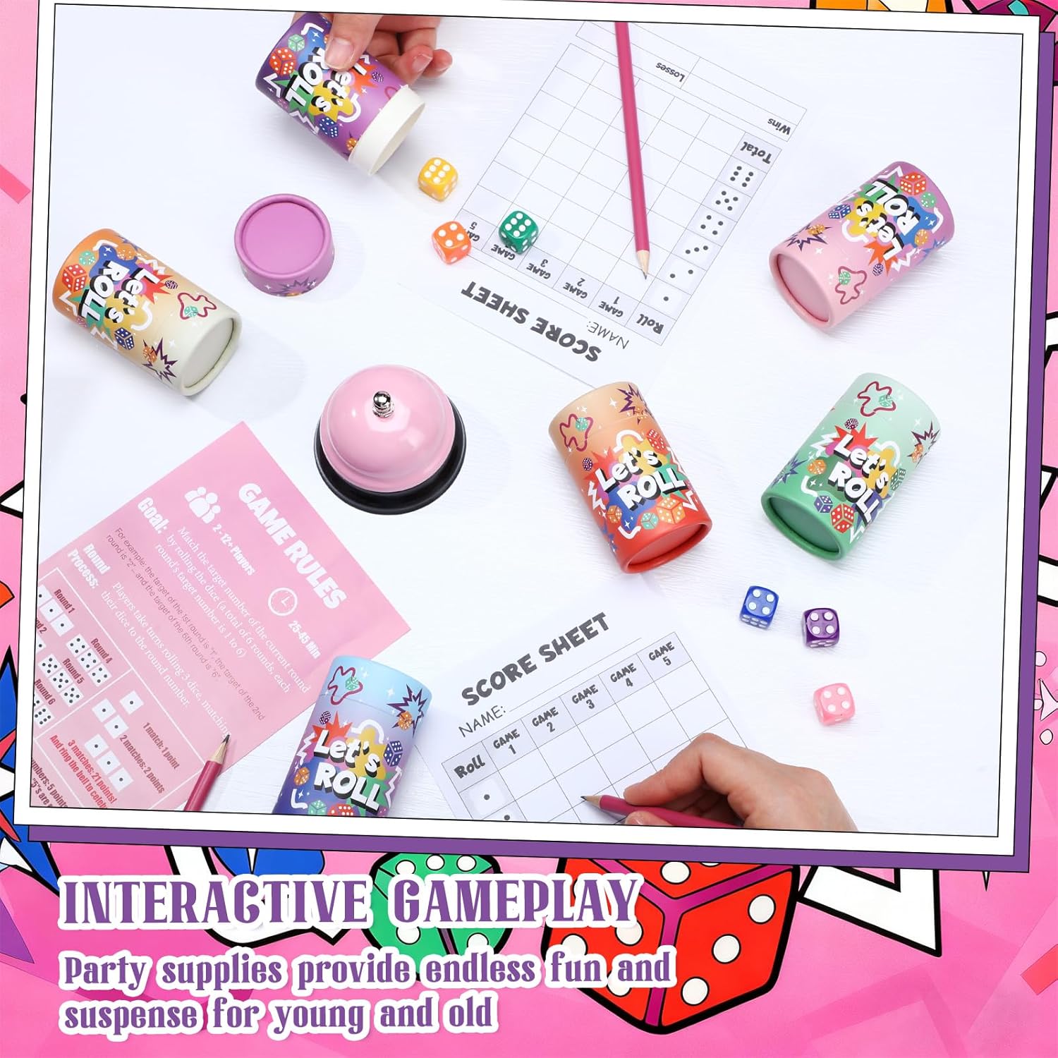 6 Sets Bunco Game Kit Party Supplies for Ladies Night Family Board Game Gift Colorful Dice Bells Dice Cups 30 Score Card Pencils Rule Sheet for up to Groups (Pink)