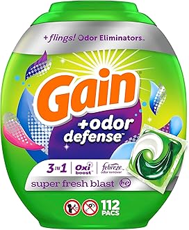 Flings Laundry Detergent Soap Pacs with Odor Defense, Super Fresh Scent, 112 Count, 3 in 1 Laundry Pods with Febreze and Oxi