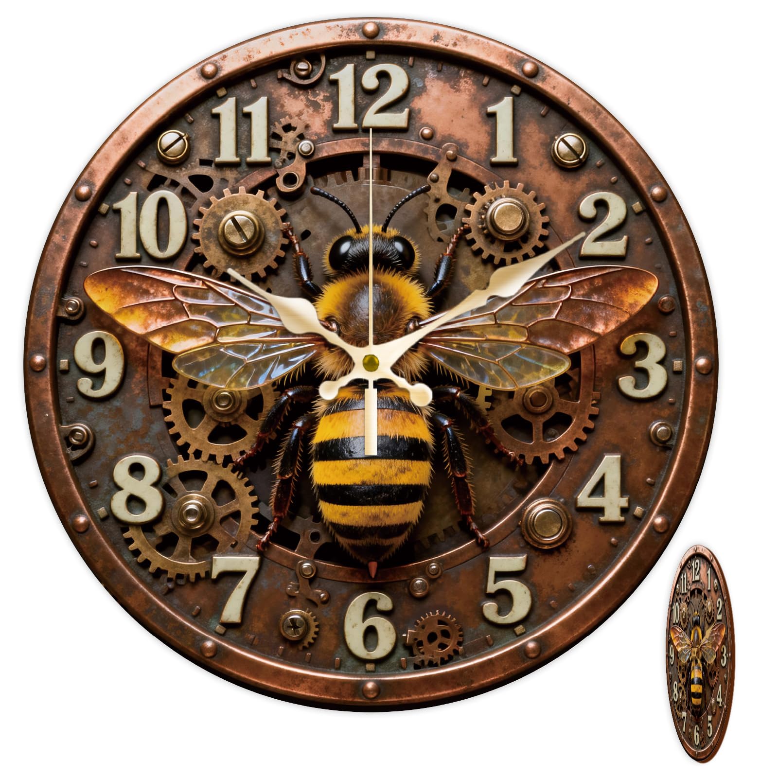 CONCHLERY 12 Inch Retro Mechanical Gears Punk Bee Pattern Round Wall Clock Silent Non Ticking Clock, for Home Living Room Bedroom Kitchen Office Decor