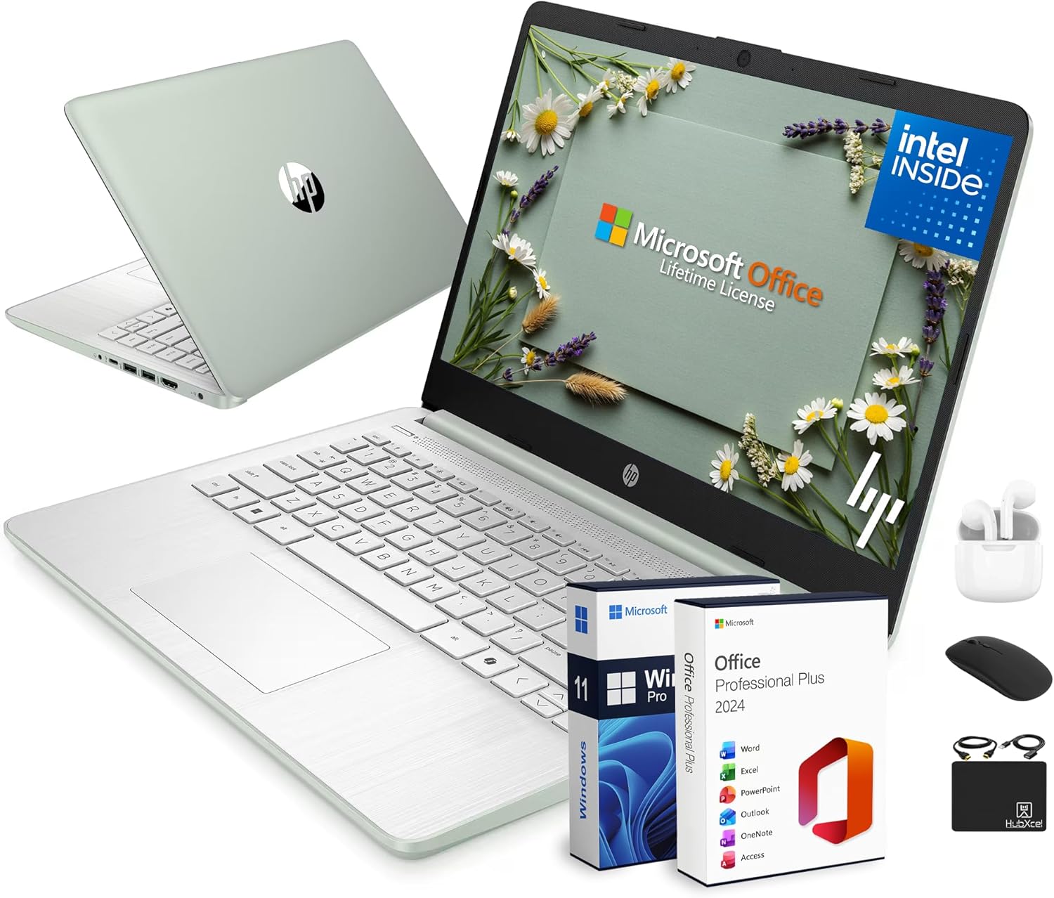 HP Flagship 14" Laptop Computer for 2026 Business Student with Office Suite, Copilot AI, Intel Quad-Core CPU, 4GB RAM, 628GB Storage (128GB UFS+500GB Ext), Wi-Fi 6, HubxcelAccs, Win 11 Pro, Green