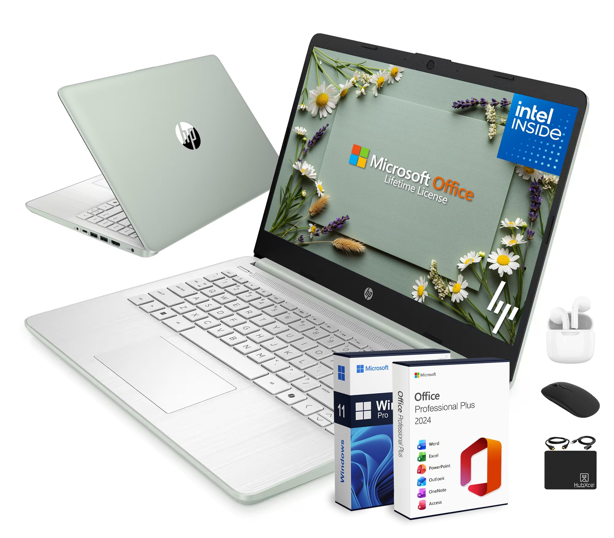 HP Flagship 14" Laptop Computer for 2026 Business Student with Office Suite, Copilot AI, Intel Quad-Core CPU, 4GB RAM, 628GB Storage (128GB UFS+500GB Ext), Wi-Fi 6, HubxcelAccs, Win 11 Pro, Green