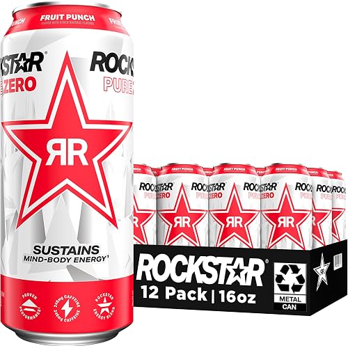 Rockstar Pure Zero Energy Drink, Fruit Punch, 0 Sugar, with Caffeine and Taurine, 16oz Cans (12 Pack) (Packaging May Vary)