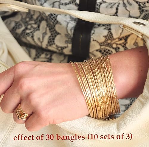 Miniatura 5 de 14k gold filled Bangles hammered slip on set of 3 textures, Mu-Yin Jewelry Handmade in USA (M)