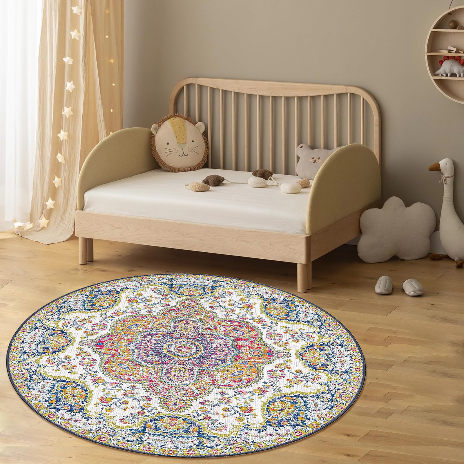 VK VKÂ·LIVING Round Washable Rug 5'Ft Vintage Machine Washable Area Rugs with Non Slip Round Rugs for Living Room Bedroom Traditional Woven Rug Carpet Stain Resistant Office Boho Rug (Blue Yellow)