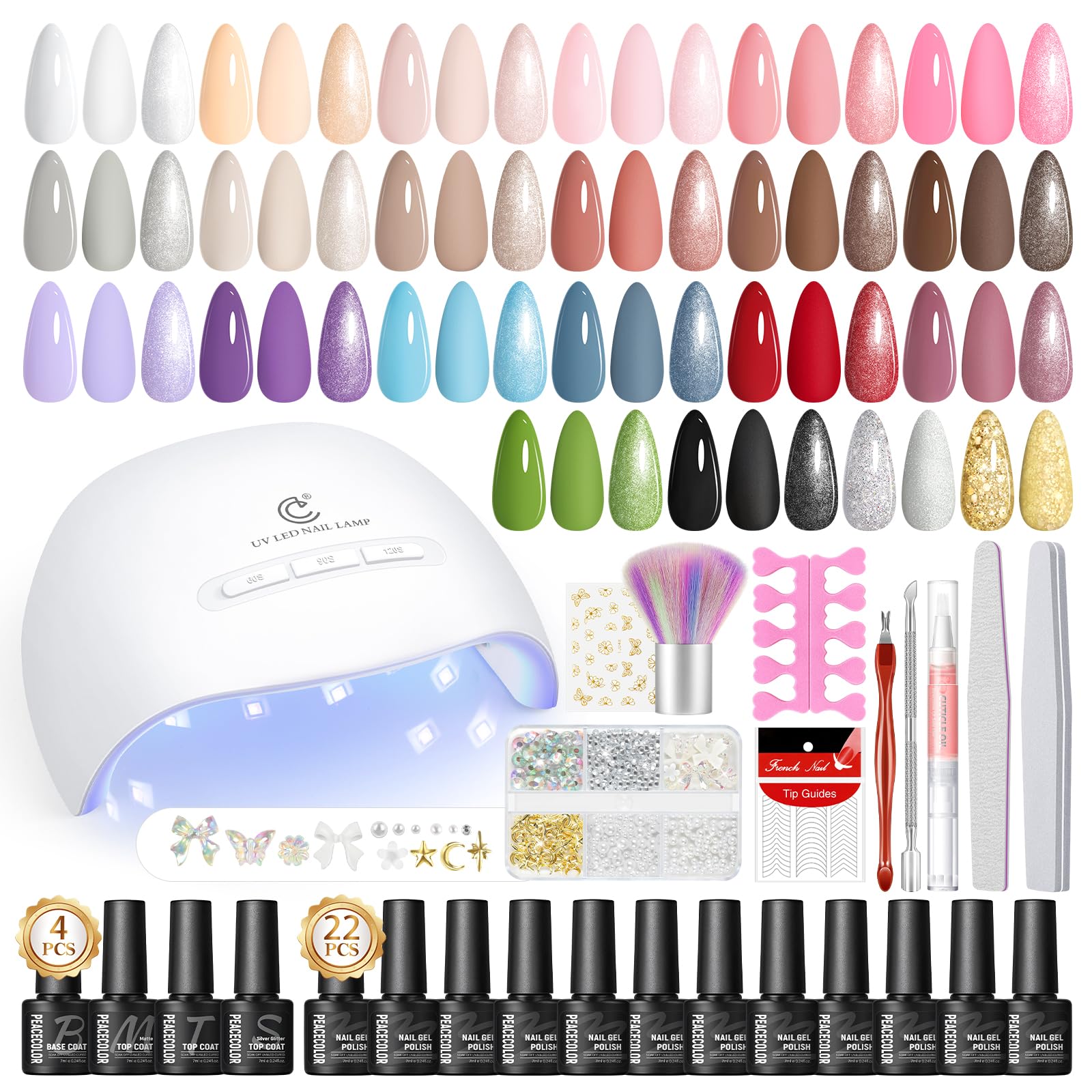 PEACECOLOR 37PCS Kit Uñas Semipermanentes, 22 Colores Pintauñas Semipermanentes con UV/LED Lámpara, 1 Base Coat y 3 Top Coat Brillante Mate, Decoraciones y Herramientas para Uñas