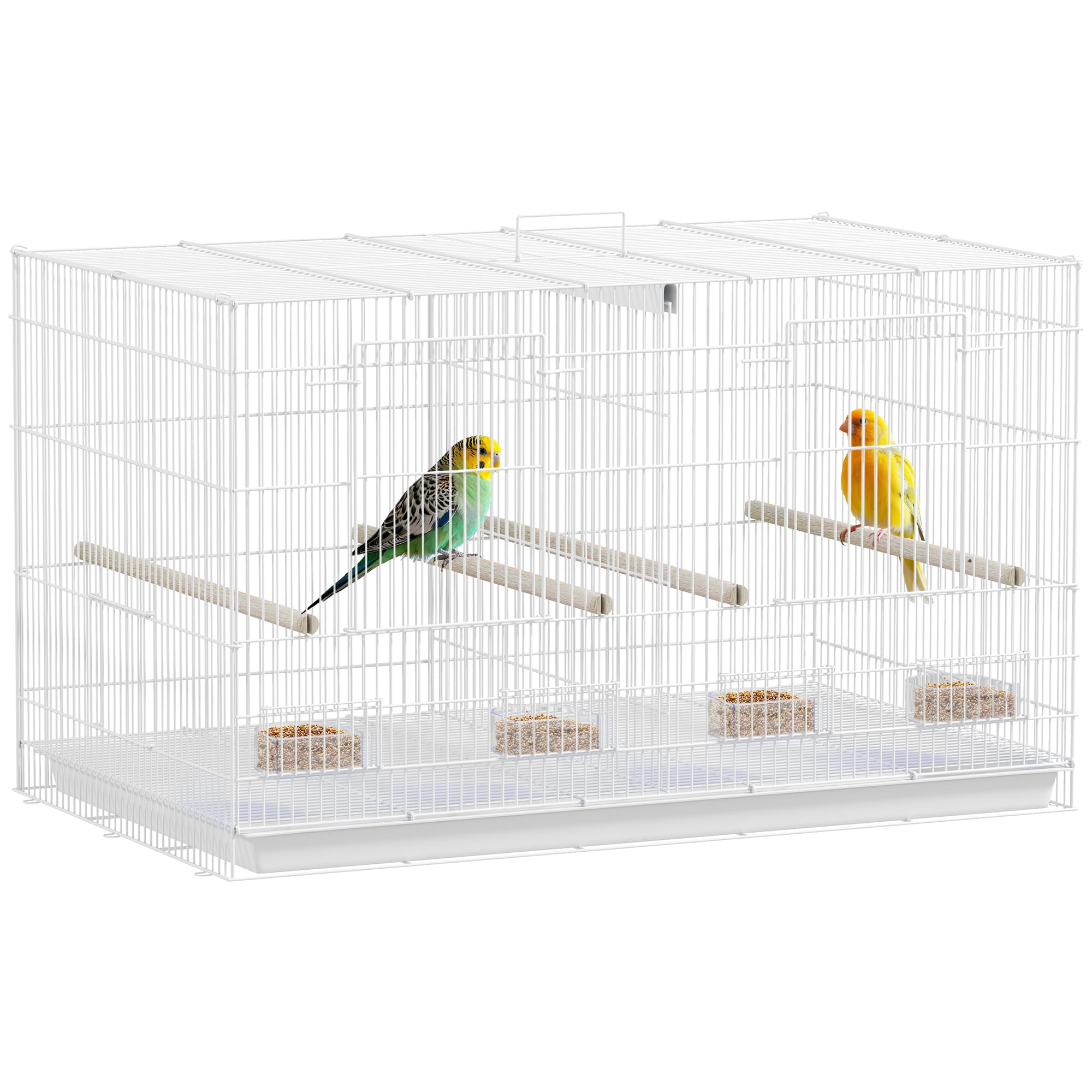 PawHut Bird Cage with Divider, Parrot Cage with 4 Wooden Perches, Slide Out Tray, 4 Feeders, for Budgie, Lovebird, Canary, Finches, 76 x 46 x 46cm, White