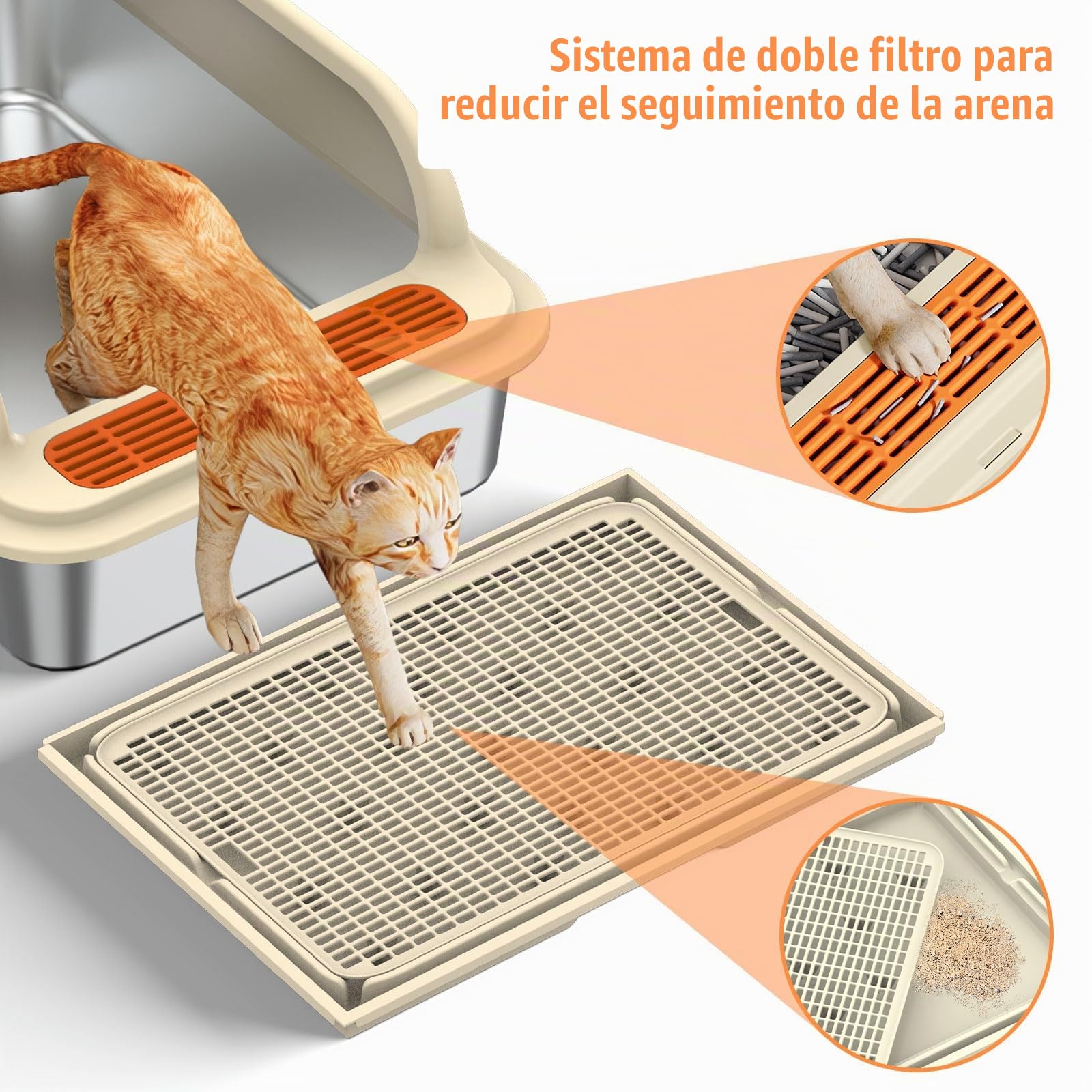Arenero Acero Inoxidable Gatos, Arenero Gato Grande XXL con Protección contra Salpicaduras, Borde Alto Extraíble, Grande 50x35x25cm para Hogares Varios Gatos, Resistente a Los Olores Duradero (A)