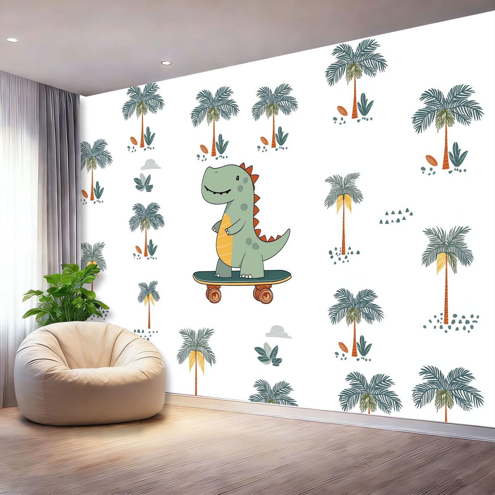 Fototapeta biała tapeta 250 x 175 cm (szer. x wys.), nowoczesna tapeta z włókniny, efekt 3D, dekoracja ścienna, kreskówka, dinozaur, zielona, palma, tapeta ścienna, do salonu, restauracji, pokoju