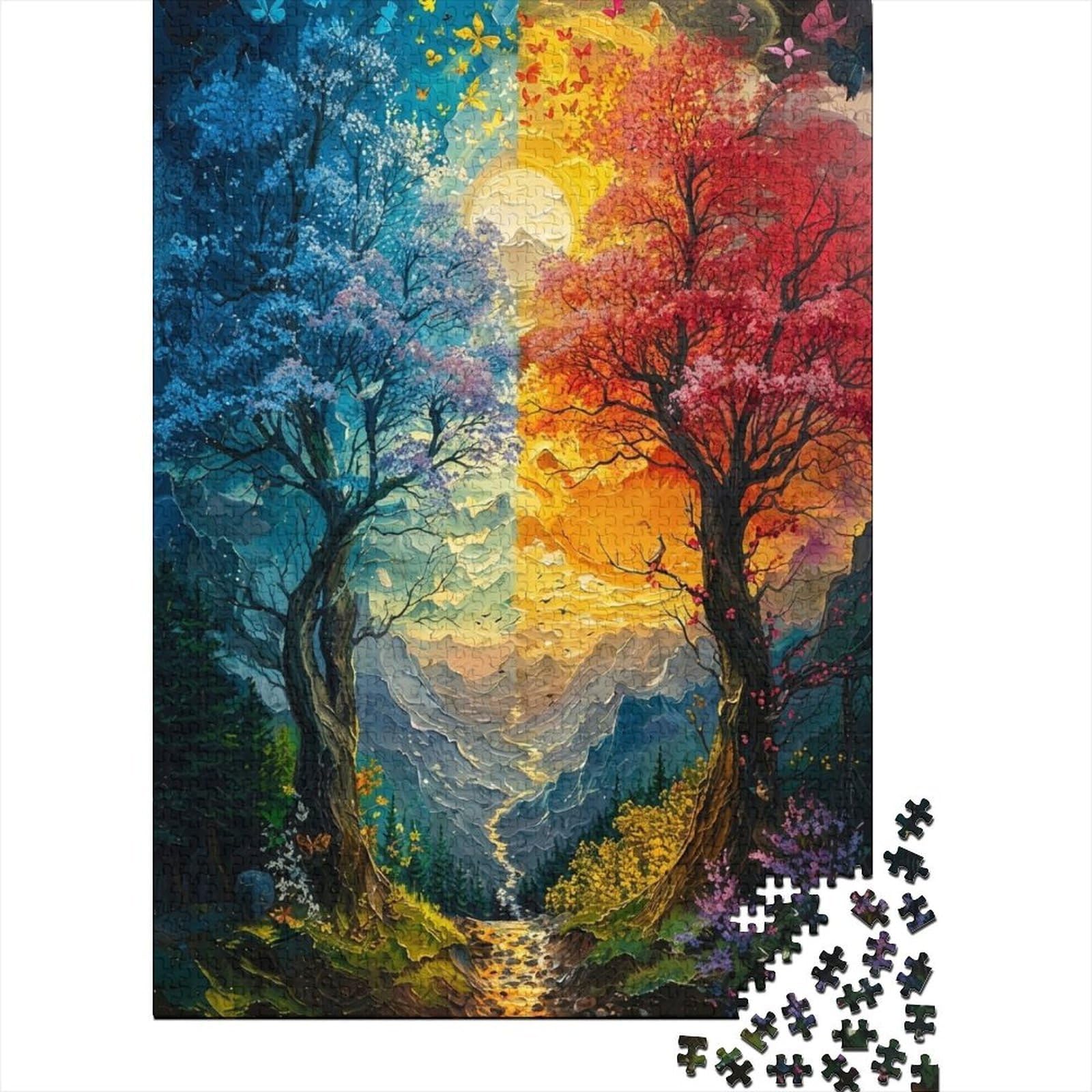 Tree Landscape 1000 Piece Jigsaw Puzzle Paper for Adults Vibrant Seasons Day and Night Scenic Art Stress Relief Activity Home Decoration 52x38cm/1000pcs