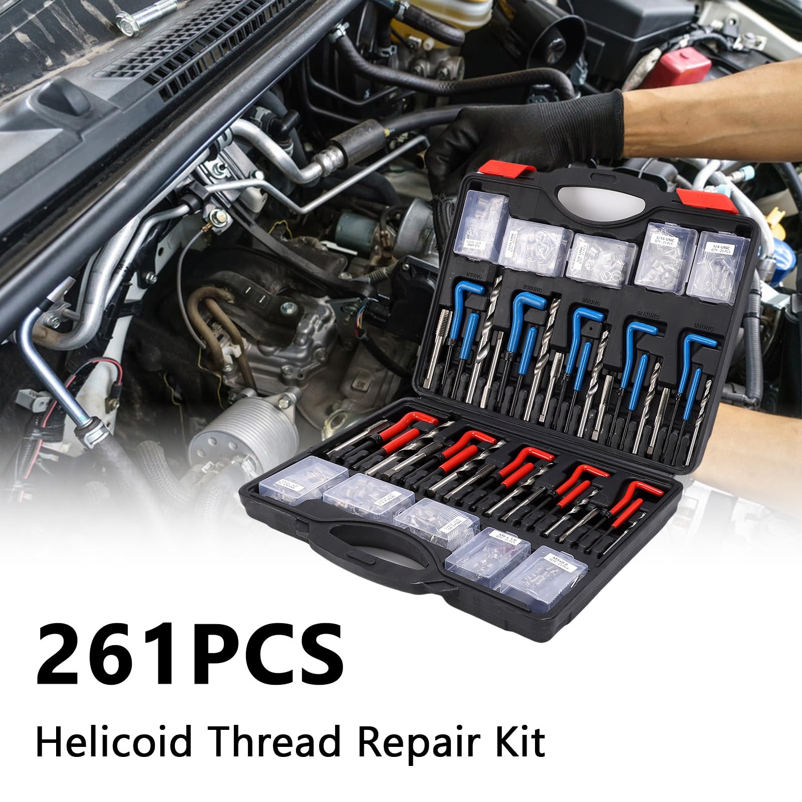 Kit di riparazione filettature, set di riparazione filettature per viti automobilistiche da 261 pezzi con inserti in acciaio, SAE e METODO metrico da M5 a M12, da 1/4 a