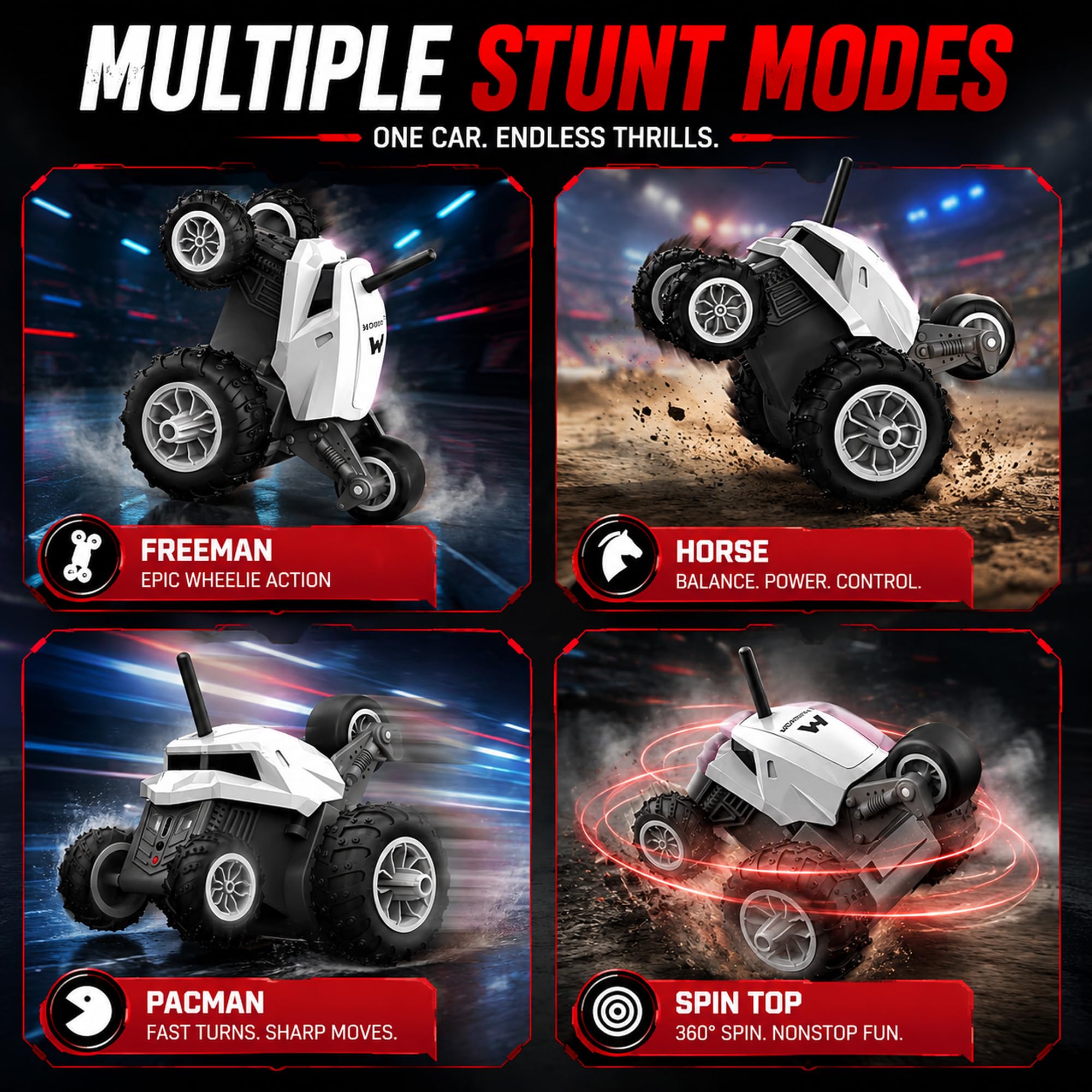 Mirana Warrior 360° Remote Control Stunt RC Car for Kids | Dual Motor, 7 Auto Stunt Modes, Speed Boost & LED Headlights | Rechargeable Vehicle Toy with USB Type C Charging | White 2