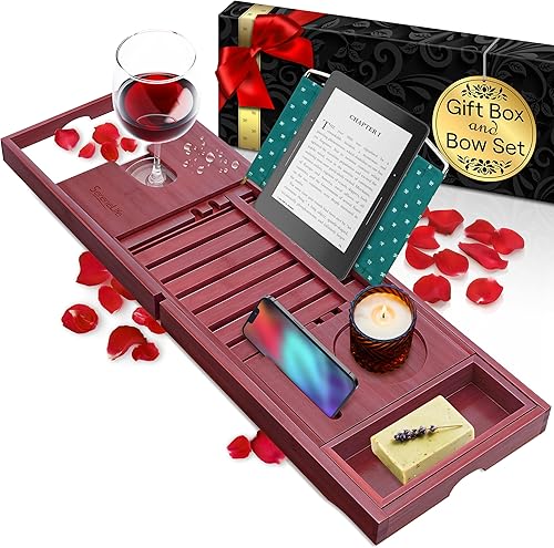 Miniatura 8 de SereneLife Carrito de baño de bambú con diseño plegable y bloqueo, bandeja de bañera expandible de 30 a 43 pulgadas, bisagras plegables de fácil