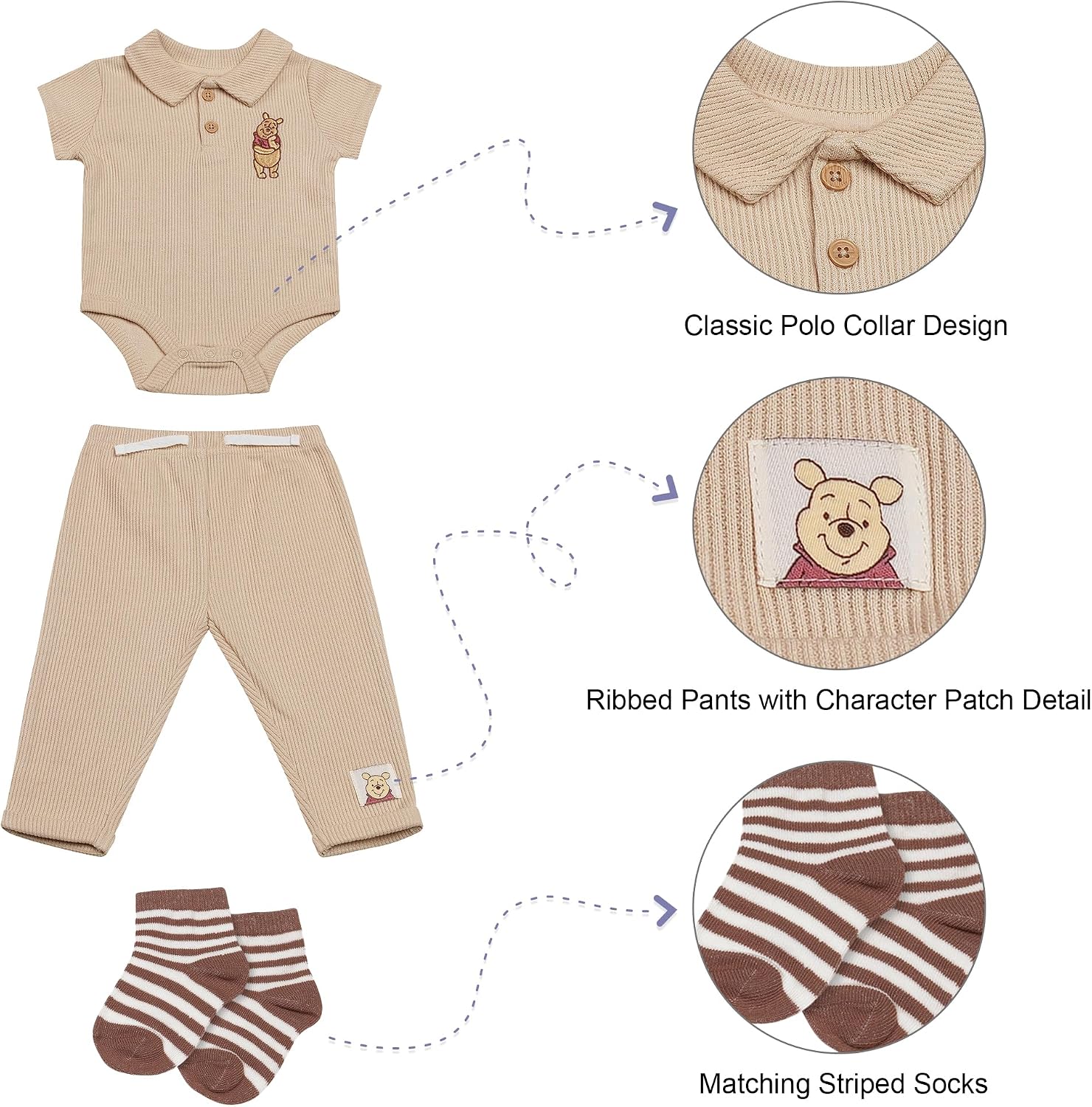 Disney Baby Boys 3-Piece Rib Pant Set – Polo Bodysuit, Jogger Pants & Socks – Mickey, Winnie the Pooh & Dumbo – Sizes (0-9M)