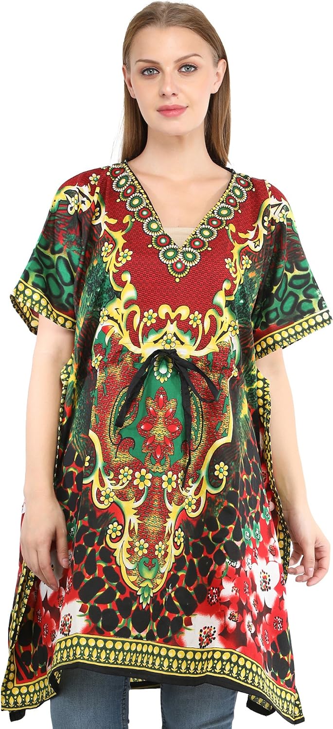 Exotic India Short Kaftan with Printed Florals All-Over and Dori at Waist