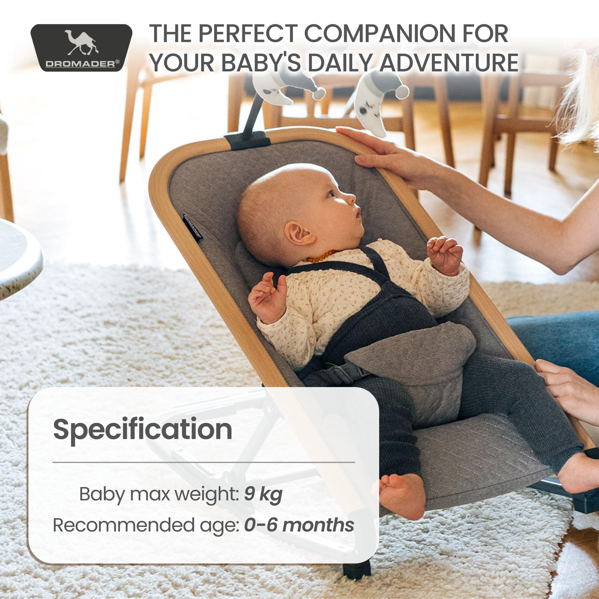 Bujaczek leżaczek Raccoon — bujak dla dziecka 2w1, lekki leżaczek od urodzenia, miękki i wygodny z dodatkowym z modułe zabawkowym, 3 pozycje odchylenia