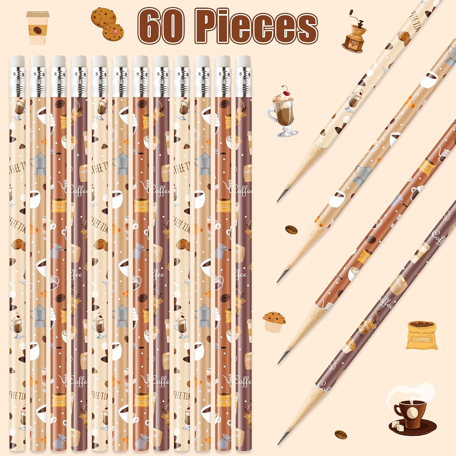Xqumoi 60Pcs Coffee Themed Pencils with Eraser - Latte Cappuccino #2 HB Pencils, Coffee Lover Stationery Office Supplies Teacher Appreciation Gift Goodie Bag Fillers Stuffers Party Favors image 3