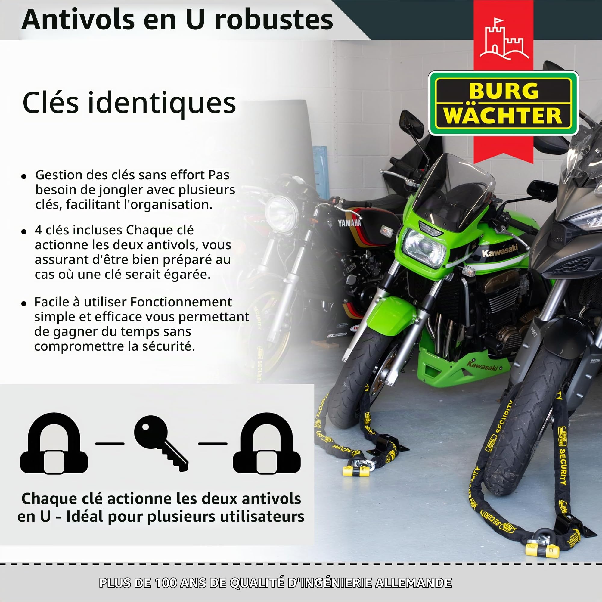 Burg Wächter 100D Y Duo Lot de 2 cadenas en U avec clés identiques pour moto Jaune