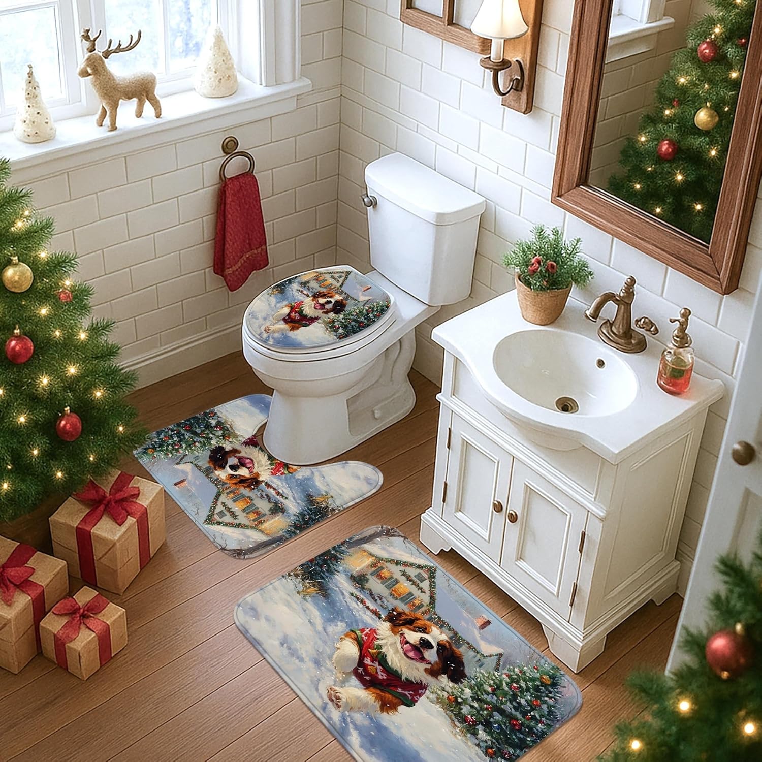 4PCS Christmas St. Bernard Dog Bathroom Sets with Non-Slip Rug, U Shape Toilet Lid Cover Mat, Winter Snow Xmas Puppy Bathroom Decoration 72''x72''