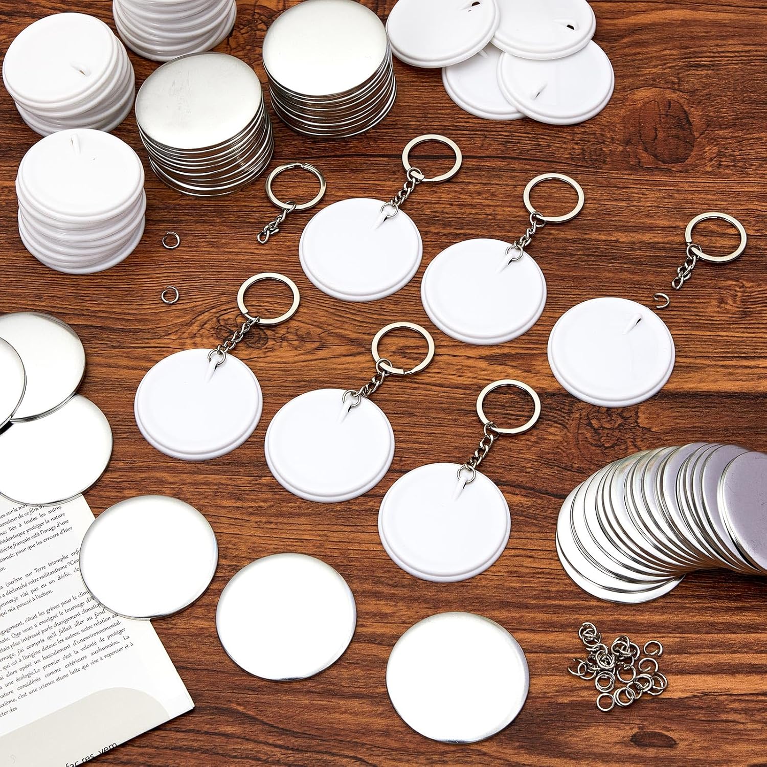 Tondiamo 100 Sets 58 mm/ 2.25 Inch Button Maker Keychains Supplies Metal Button Badge Sets Including Metal Shell, Plastic Film, Backing Parts, Keychain for Maker Machine DIY Gifts (Plastic Base)