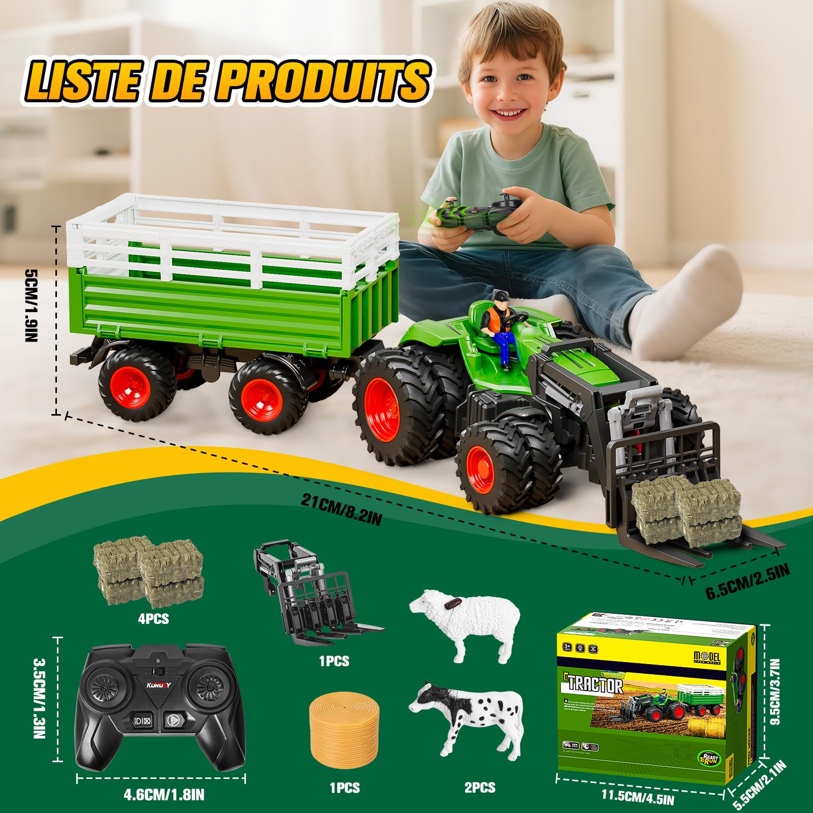Tracteur Jouet Enfant RC Télécommandé avec Lumière Remorque Levage Vache Mouton Balle de Foin Cadeau Agricole