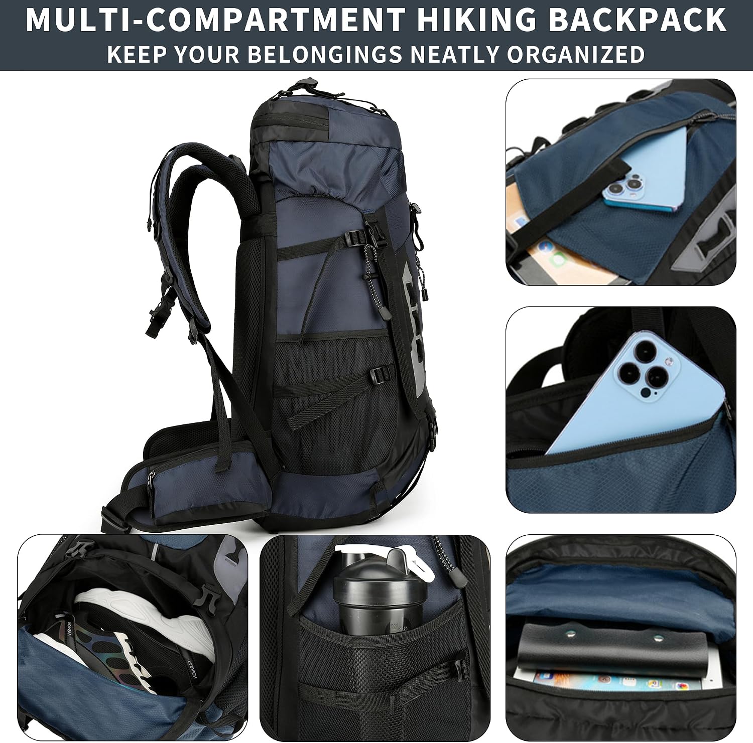 75L Hiking Backpack with Rain Cover Waterproof Camping Backpack Shoes Warehouse for Men Women, Frameless