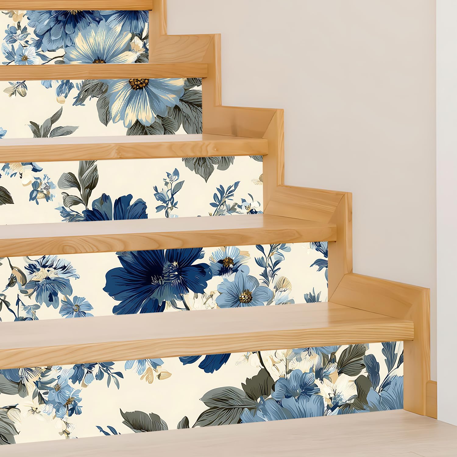 ANNA QUEEN 14 PCS Peel and Stick Blue Floral Stair Stickers – 39x7 Inch Vintage Botanical Design for Stairs Renovation Home Decoration