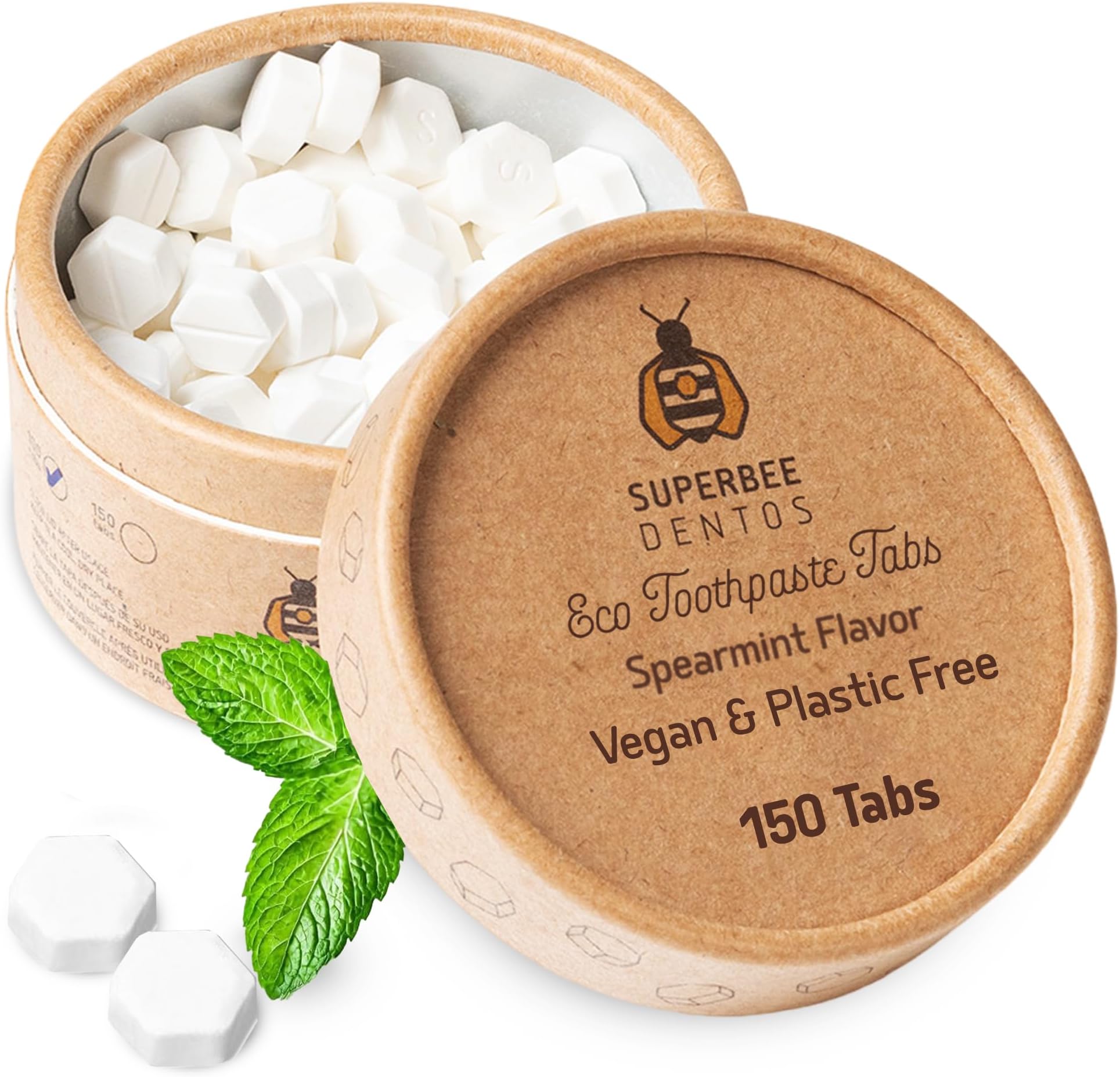 – SuperBee Dentos Toothpaste Tablets, 150 Tabs, Fluoride Free & Eco Friendly, Travel Mouthwash Tablets, Sensitive Bites Kids Adults, Chewable Tablet, Spearmint