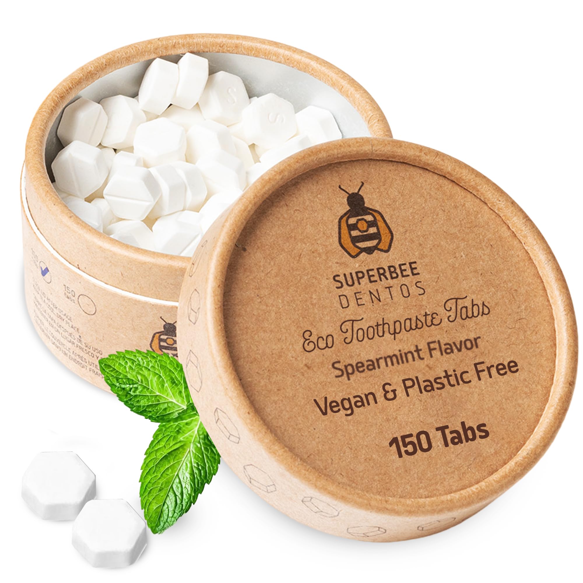 SuperBee Dentos Toothpaste Tablets, 150 Tabs, Fluoride Free & Eco Friendly, Travel Mouthwash Tablets, Sensitive Tooth Cream Bites for Kids and Adults, Chewable Tablet, Spearmint