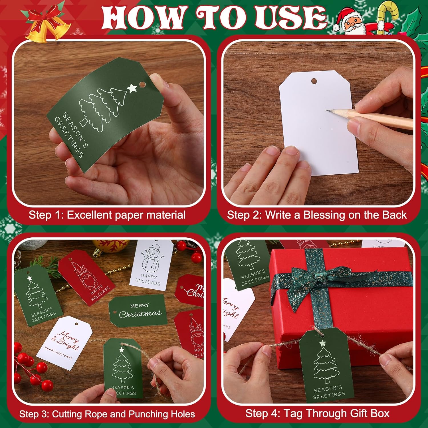 Personalizing Christmas Gift Tags, 96 Pack Thick Cardstock Labels with 66ft String Attached - Christmas Name Tags Stickers Labels for Holiday Presents Gift, 2 x 3 Inch - 6 Designs - Image 4