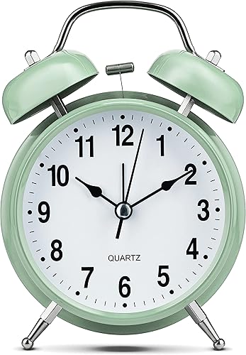 Miniatura 4 de Bernhard Products Reloj despertador analógico de 4 pulgadas, doble campana, verde, silencioso, sin tictac, funciona con pilas, extra fuerte con