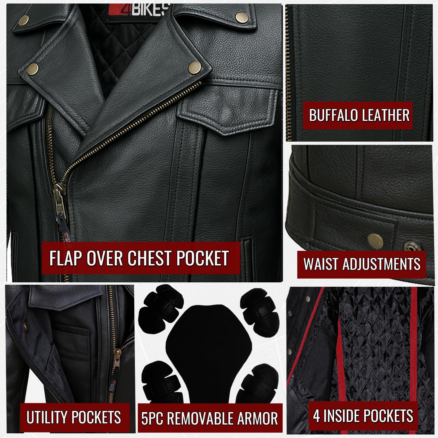 OUTRIDER Mens Motorcycle Jacket Premium Natural Buffalo Leather CE Armor Utility Pockets Biker Touring Black L — view 8