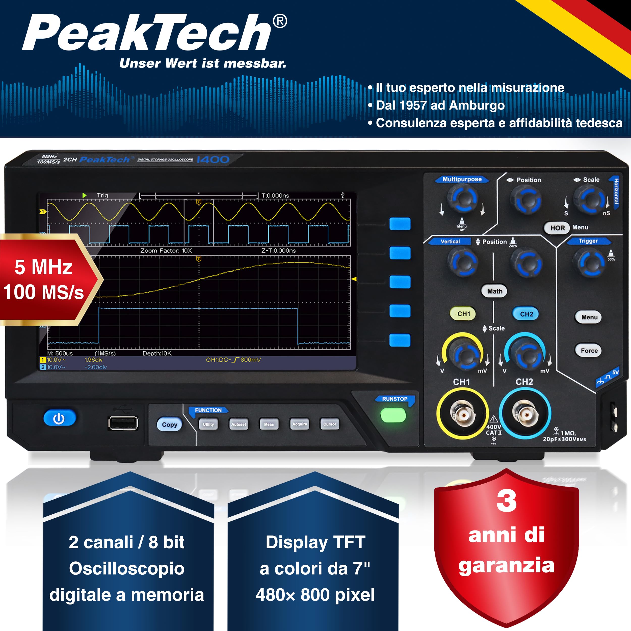 PeakTech 1400, Oscilloscopio digitale compatto a 2 canali, Oscilloscopio con larghezza di banda di 5 MHz, velocità di campionamento di 100 MS/s, connessione USB, incluso software per PC, Nero