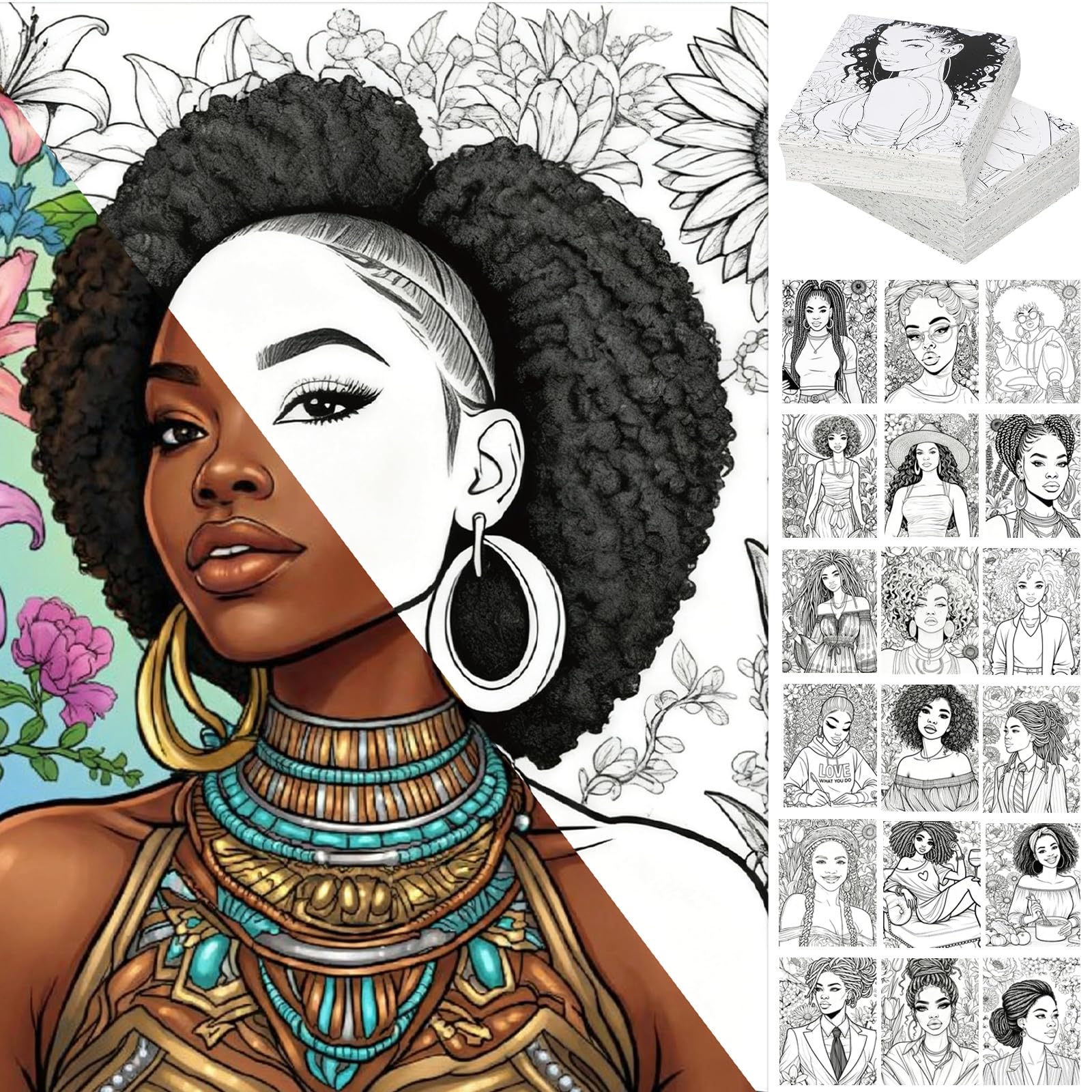 Tinlade 200 Pcs African American Women Coloring Cards Juneteenth Party Gift