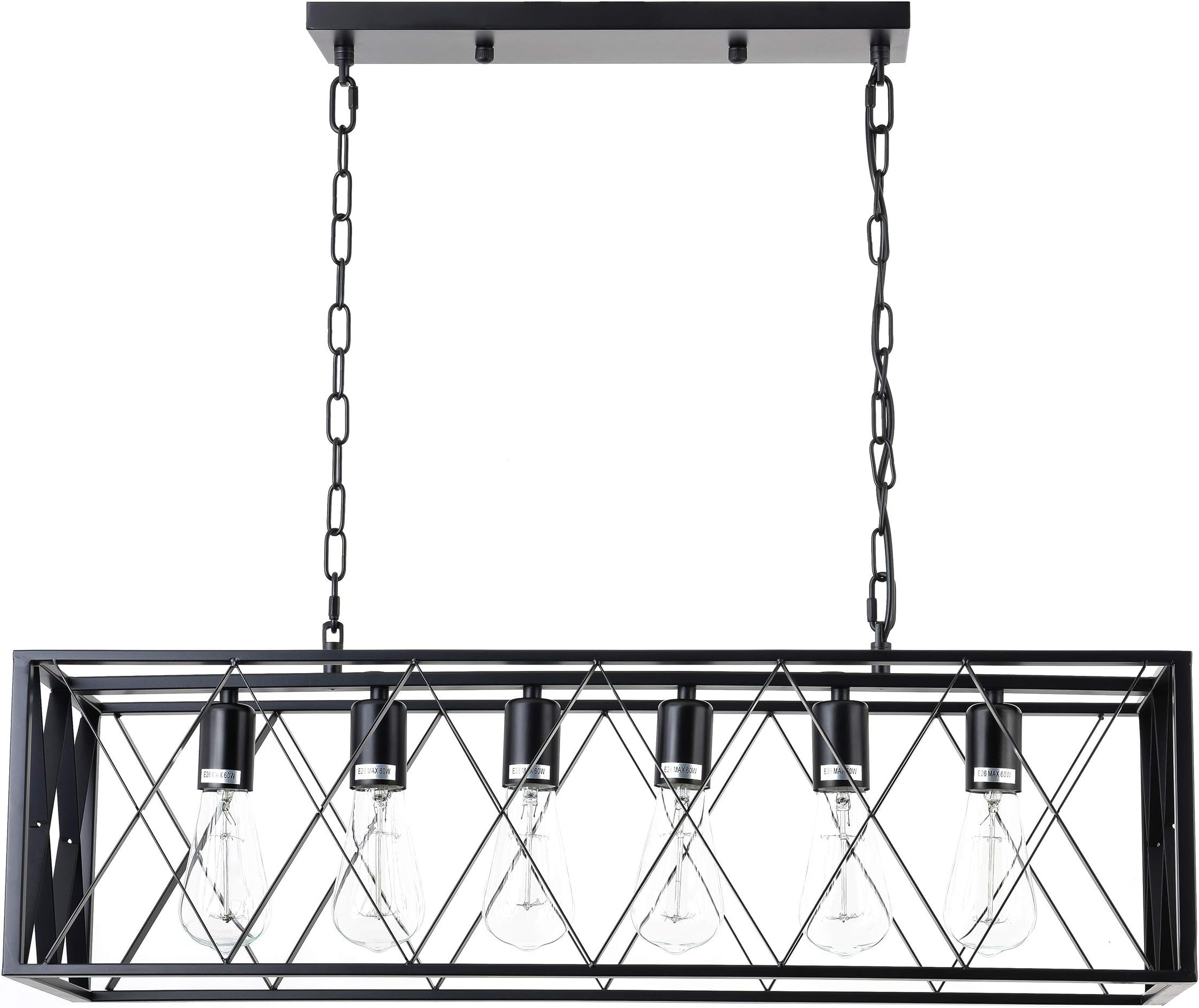 6 Lights Pendant Light, Kitchen Ceiling Hanging Bar Lights, Simplicity Dining Room Light Fixture, Industrial Metal Black Matte Rectangle Island Lighting Chandelier